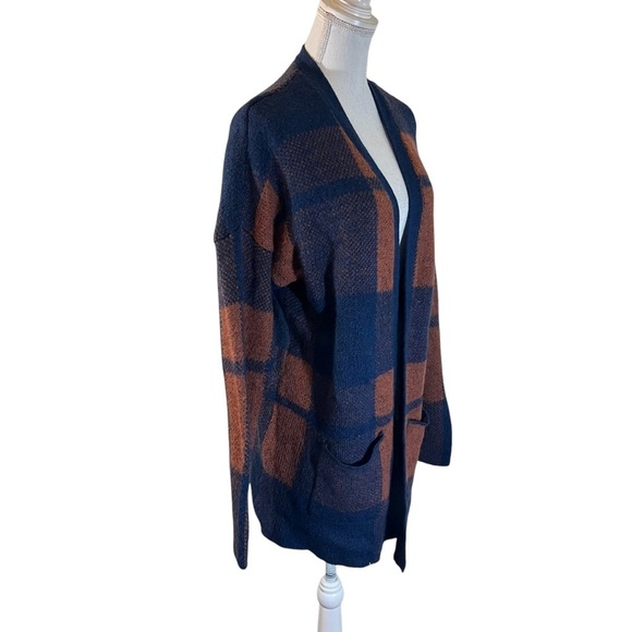 American Eagle Plaid Wool Blend Open Cardigan Sweater Pockets Brown Navy Blue - Picture 3 of 9